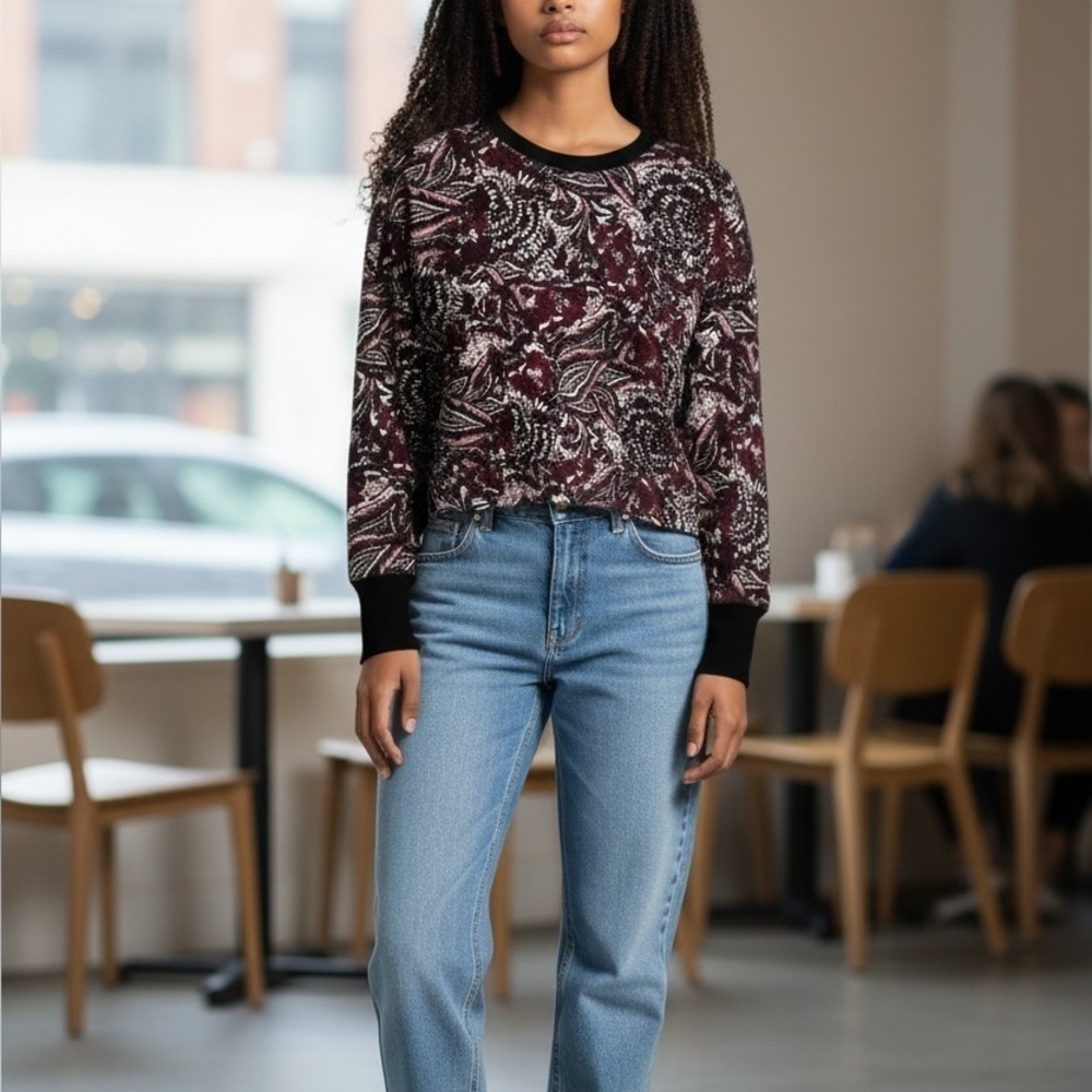 Joie Caliegh Cranberry Paisley Floral Semi Cropped Sweatshirt - Picture 3 of 15